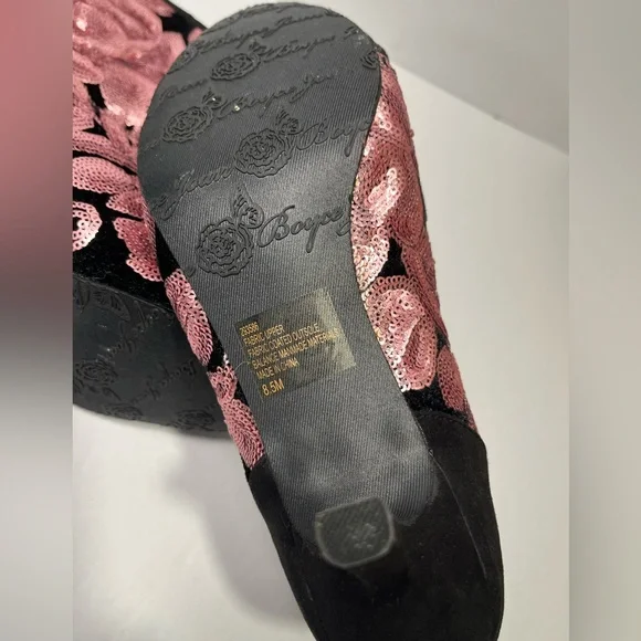 JOAN BOYCE Ankle Boots Black Velvet Rose Pink Sequins Size 8.5M -NEW - Picture 6 of 9